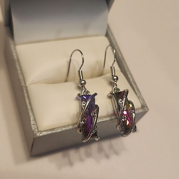 Crystal Dangle Cubic Zirconia Rectangular Women's Silver/Pink Earrings - Picture 2 of 3